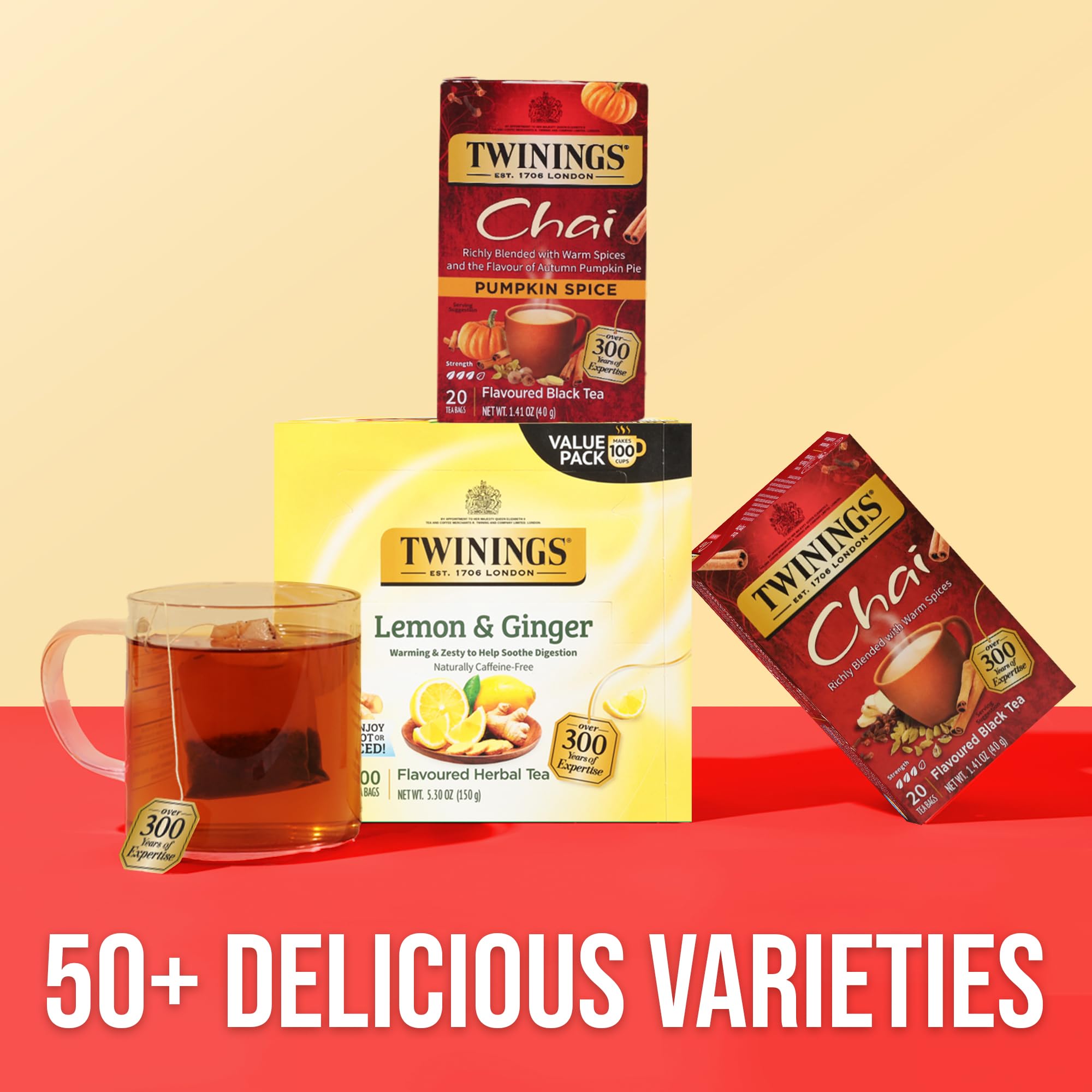 Twinings Pumpkin Spice Chai packaging on a shelf for fall flavor.
