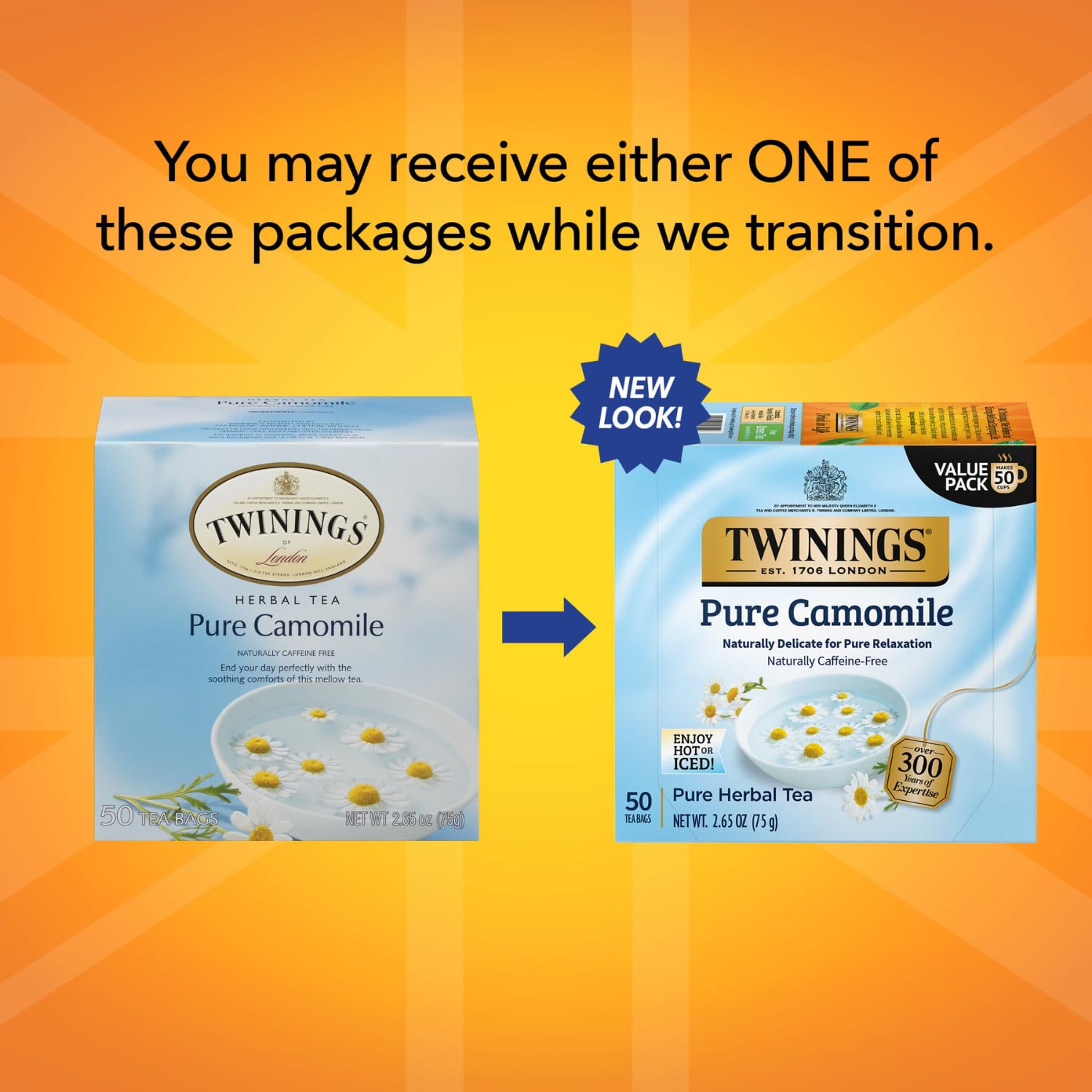 Packaging of Twinings Pure Camomile with individually wrapped tea bags.