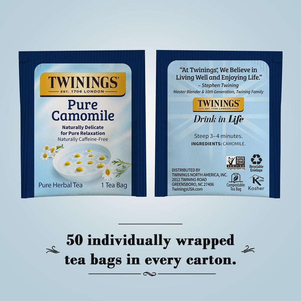 Twinings Pure Camomile steeping in a cup releasing a soothing aroma.