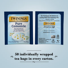 Twinings Pure Camomile steeping in a cup releasing a soothing aroma.