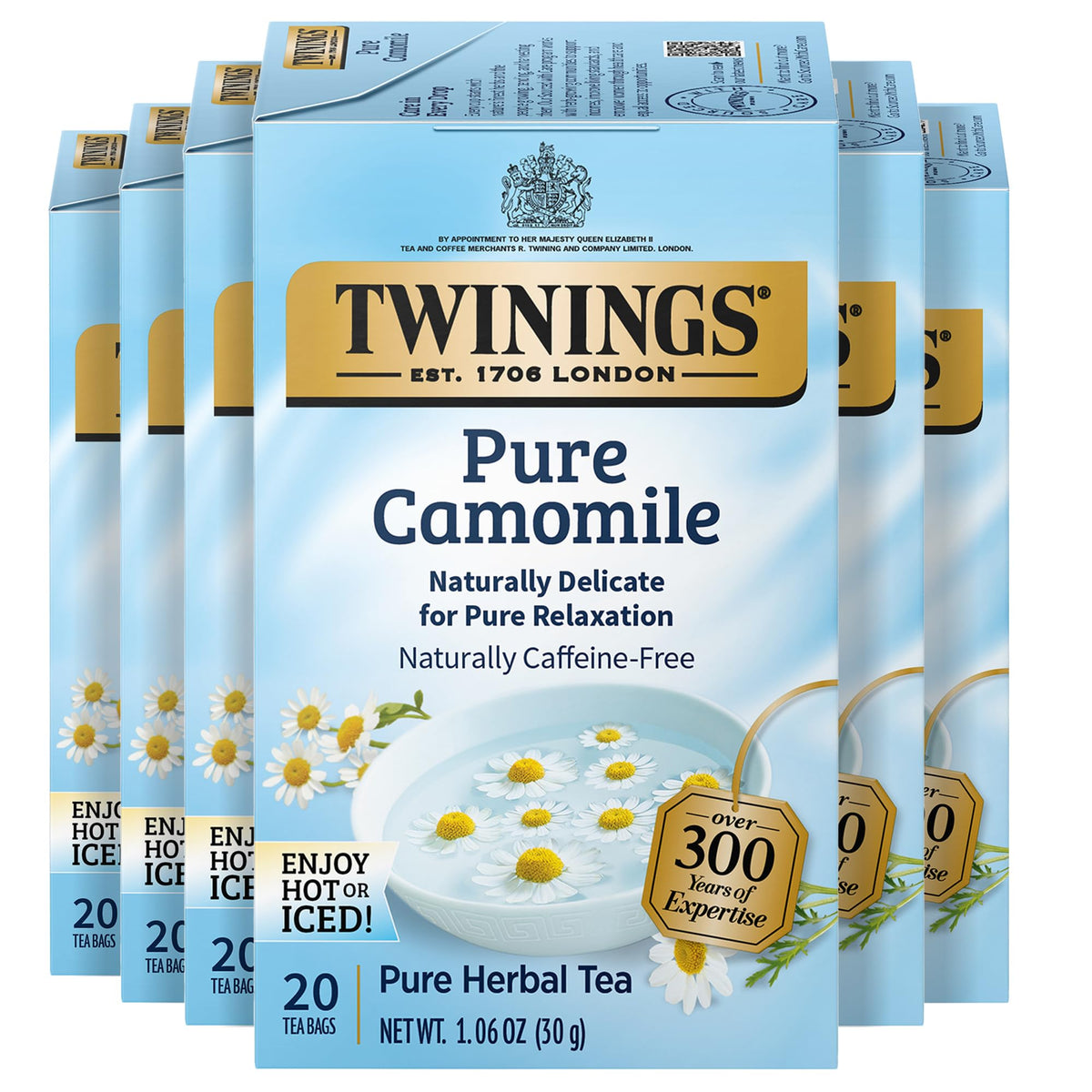 Twinings Pure Camomile Tea bags, freshness sealed for on-the-go relaxation.