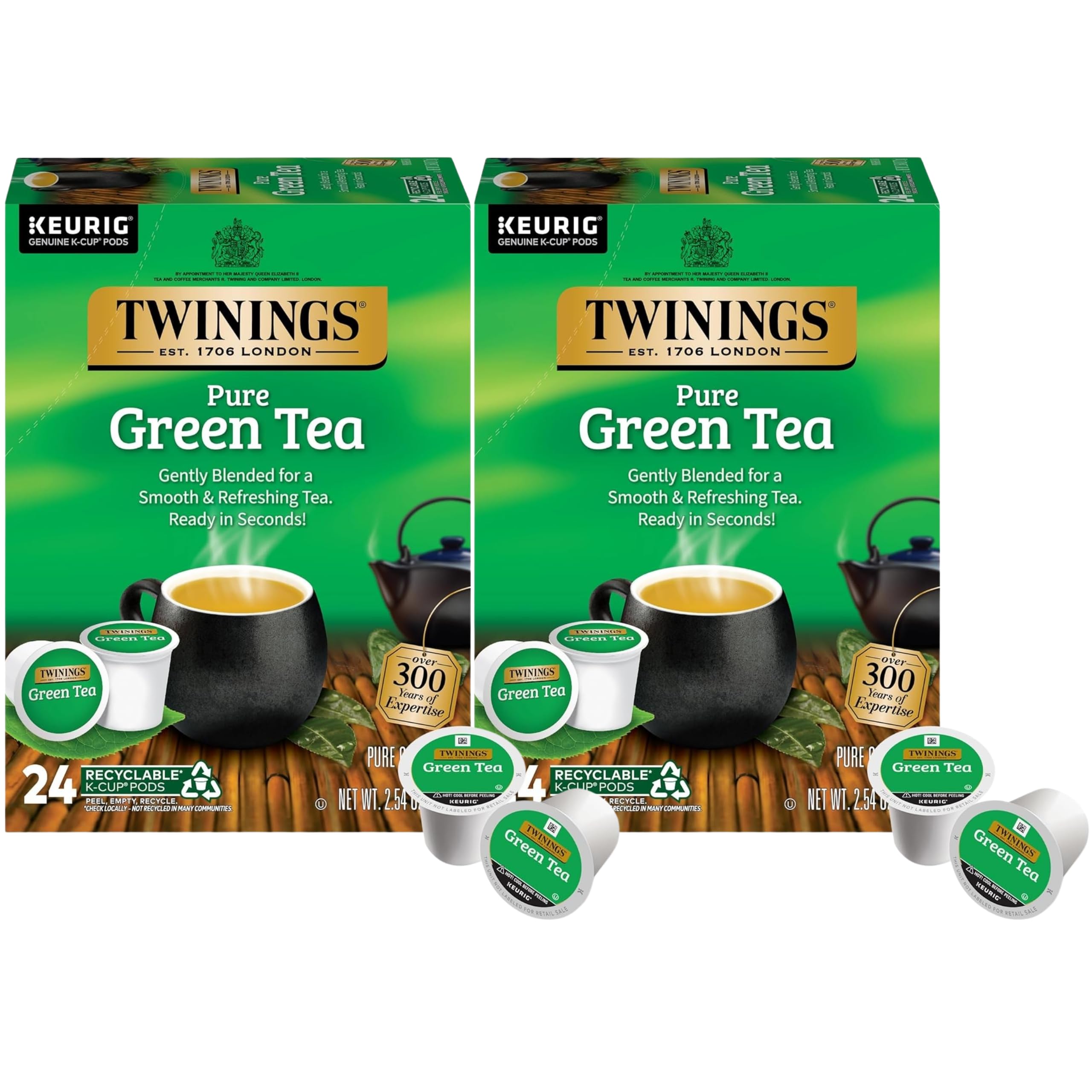 Twinings Pure Green Tea K-Cup Pods packaging shows a convenient twin-pack for easy daily brews.