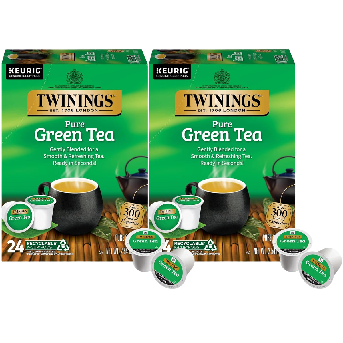 Twinings Pure Green Tea K-Cup Pods packaging shows a convenient twin-pack for easy daily brews.