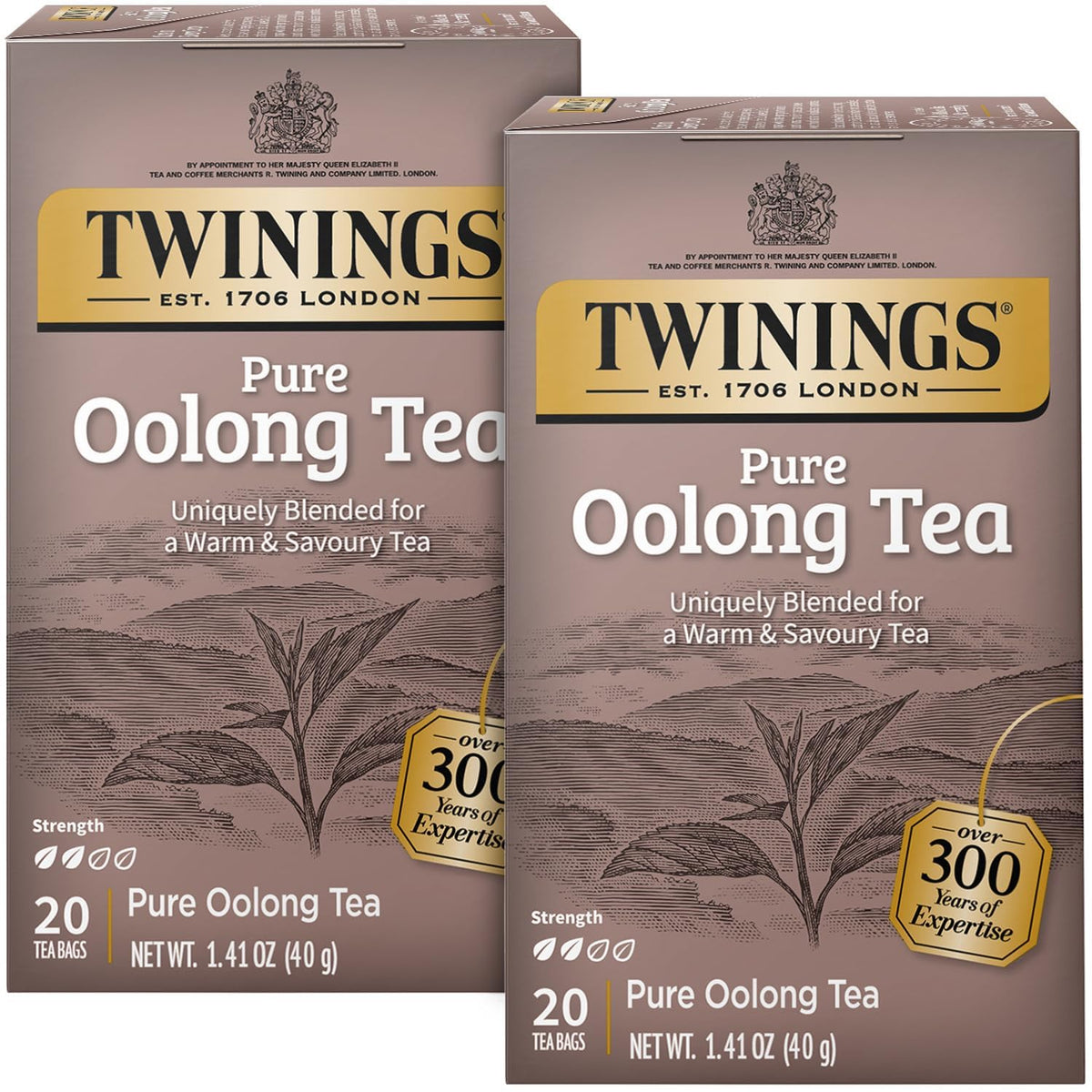 Twinings Pure Oolong Tea 2-Pack box highlights packaging for lasting freshness.