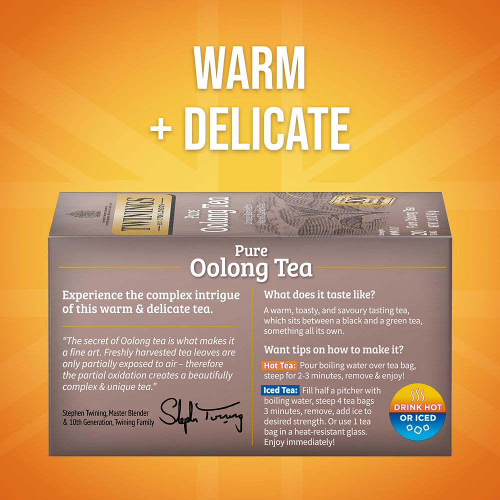 Twinings Pure Oolong tea bags shown for on-the-go brewing.