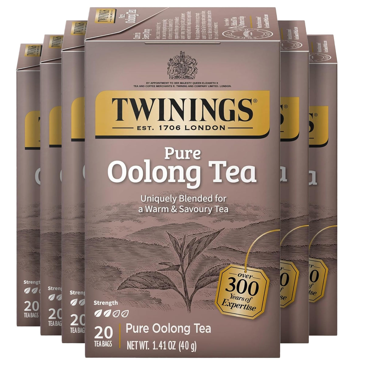Twinings Pure Oolong tea bags in a six-box pack, convenient for daily brewing.