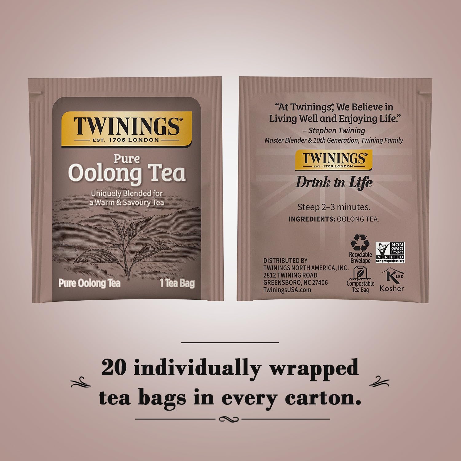 Twinings Pure Oolong Tea individually wrapped bags ensure fresh steep every time.
