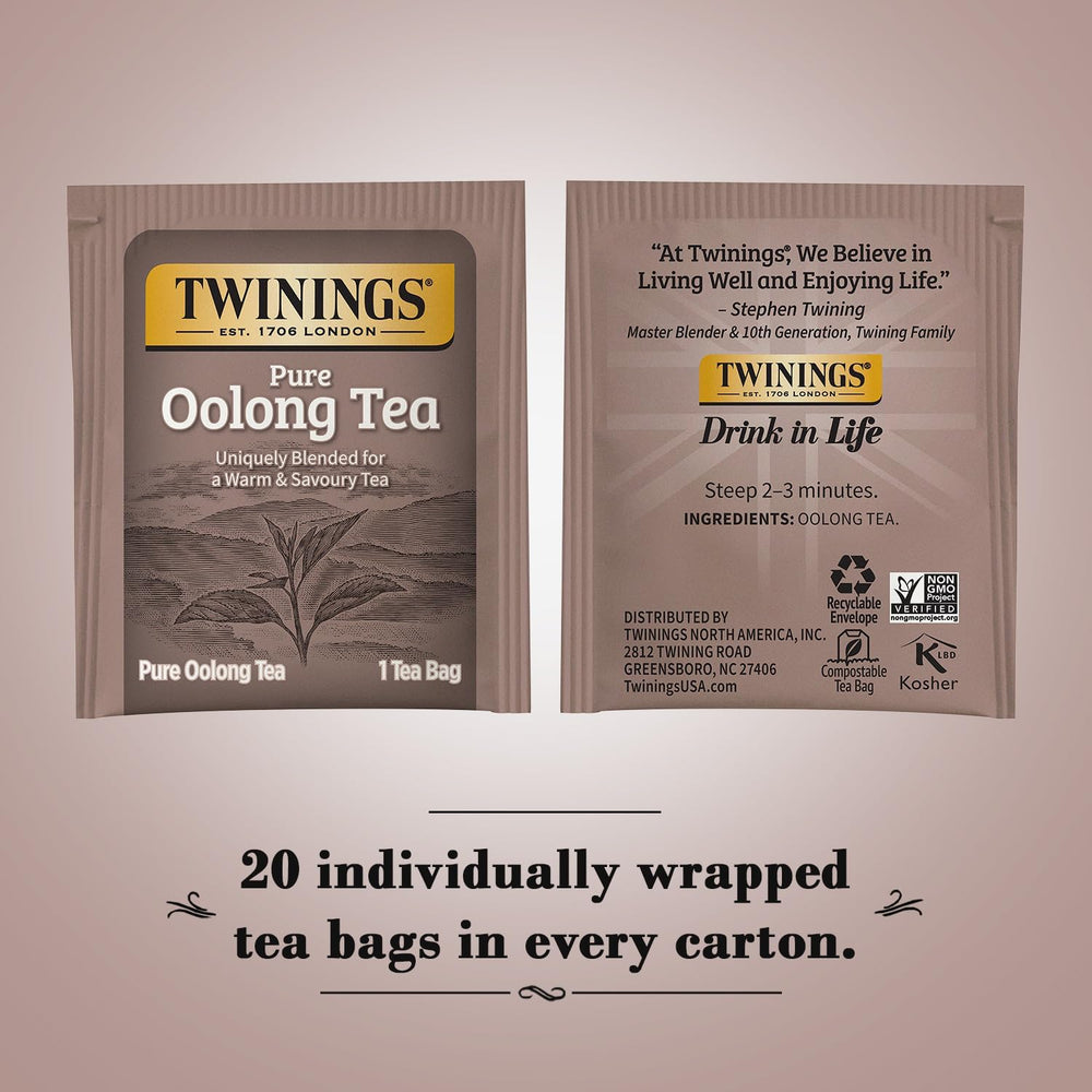 Twinings Pure Oolong Tea individually wrapped bags ensure fresh steep every time.