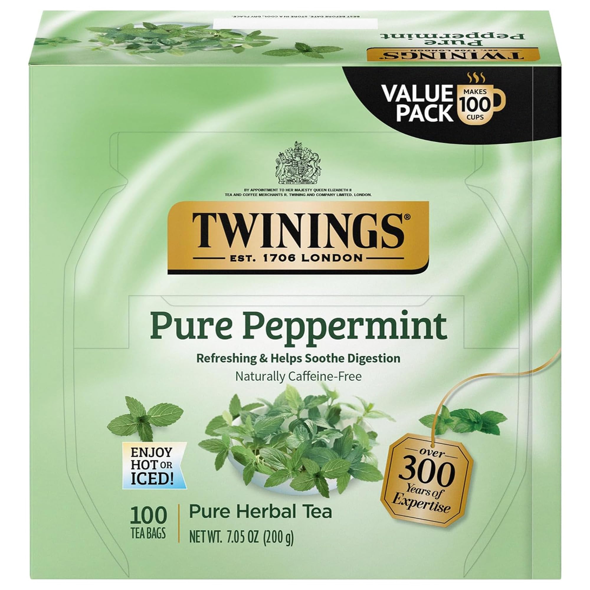 Twinings Pure Peppermint tea bags in a cup deliver fresh mint aroma.