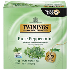 Twinings Pure Peppermint tea bags in a cup deliver fresh mint aroma.