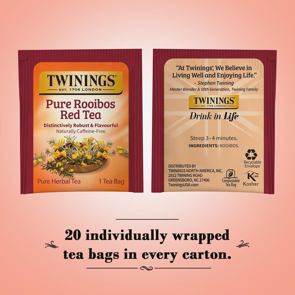 Twinings Pure Rooibos Red Tea individually wrapped bags ensure freshness.