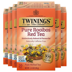 Twinings Pure Rooibos tea box with six-pack display, caffeine-free and ready to brew
