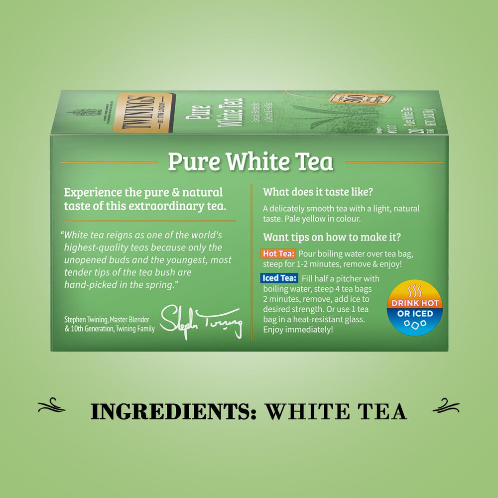 Twinings Pure White Tea brewed for 2 minutes yields a smooth pale-yellow cup.
