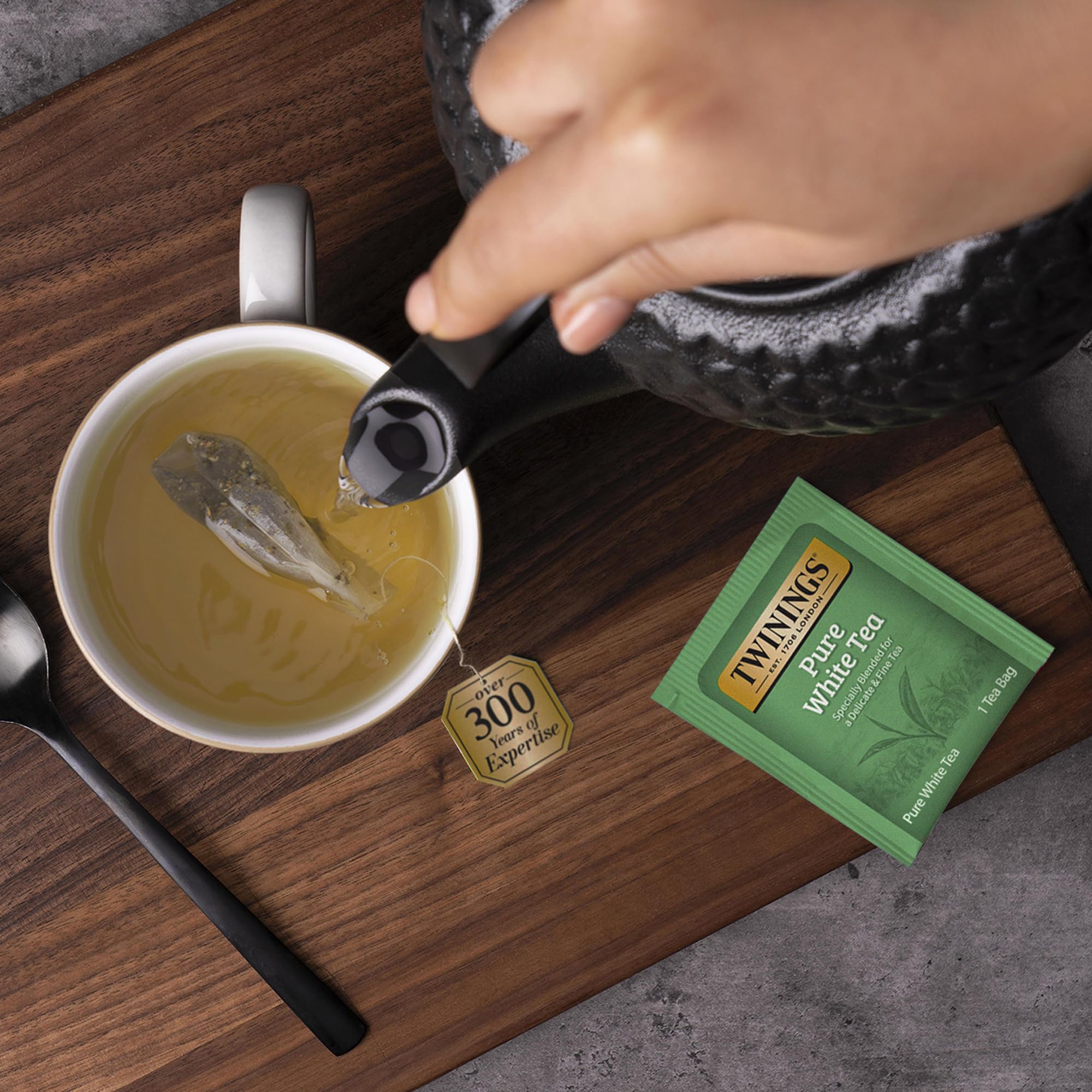 Twinings Pure White Tea hot cup releases gentle aroma and light, refreshing taste.