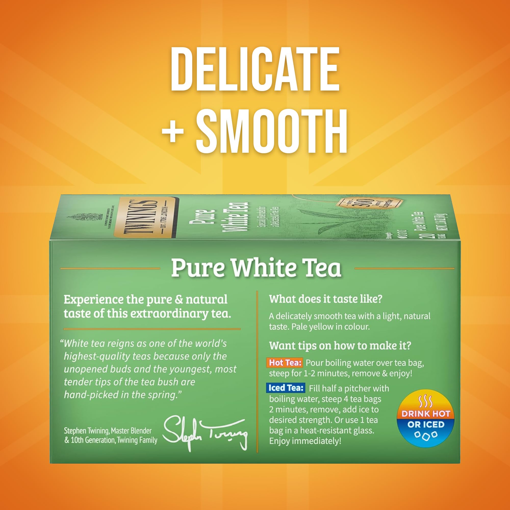 Packaging of Twinings Pure White Tea highlights freshness and sealed bags.