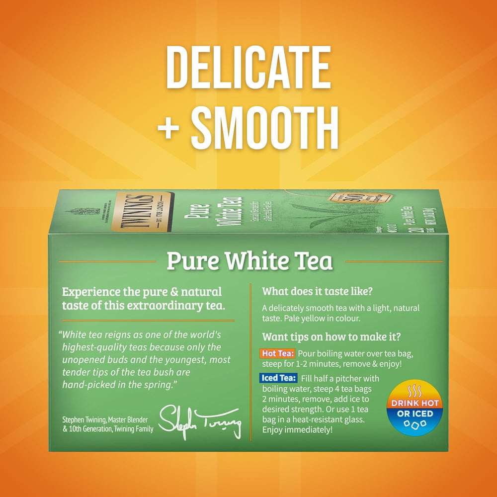 Packaging of Twinings Pure White Tea highlights freshness and sealed bags.