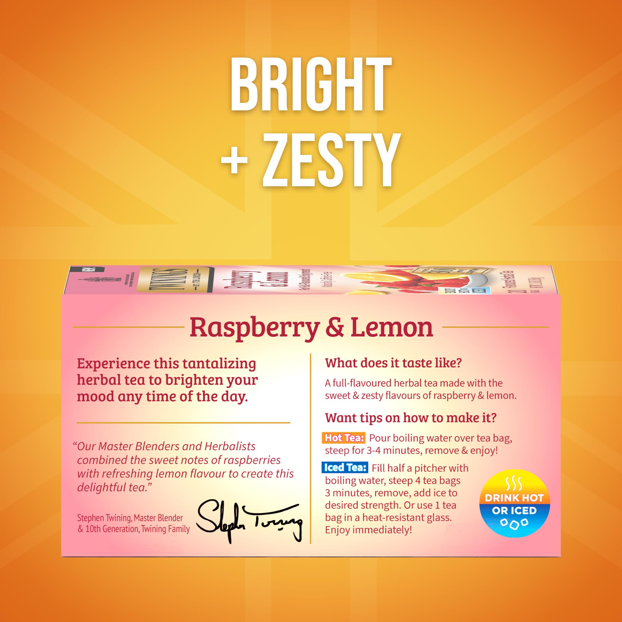 Twinings Raspberry & Lemon tea bags, individually wrapped for freshness on the go.