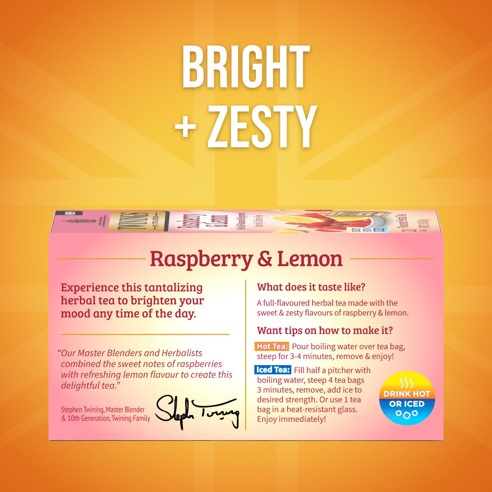 Twinings Raspberry & Lemon tea bags, individually wrapped for freshness on the go.