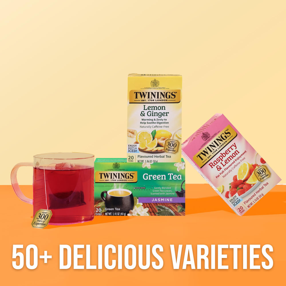 Twinings packaging highlights naturally caffeine-free herbal blend.