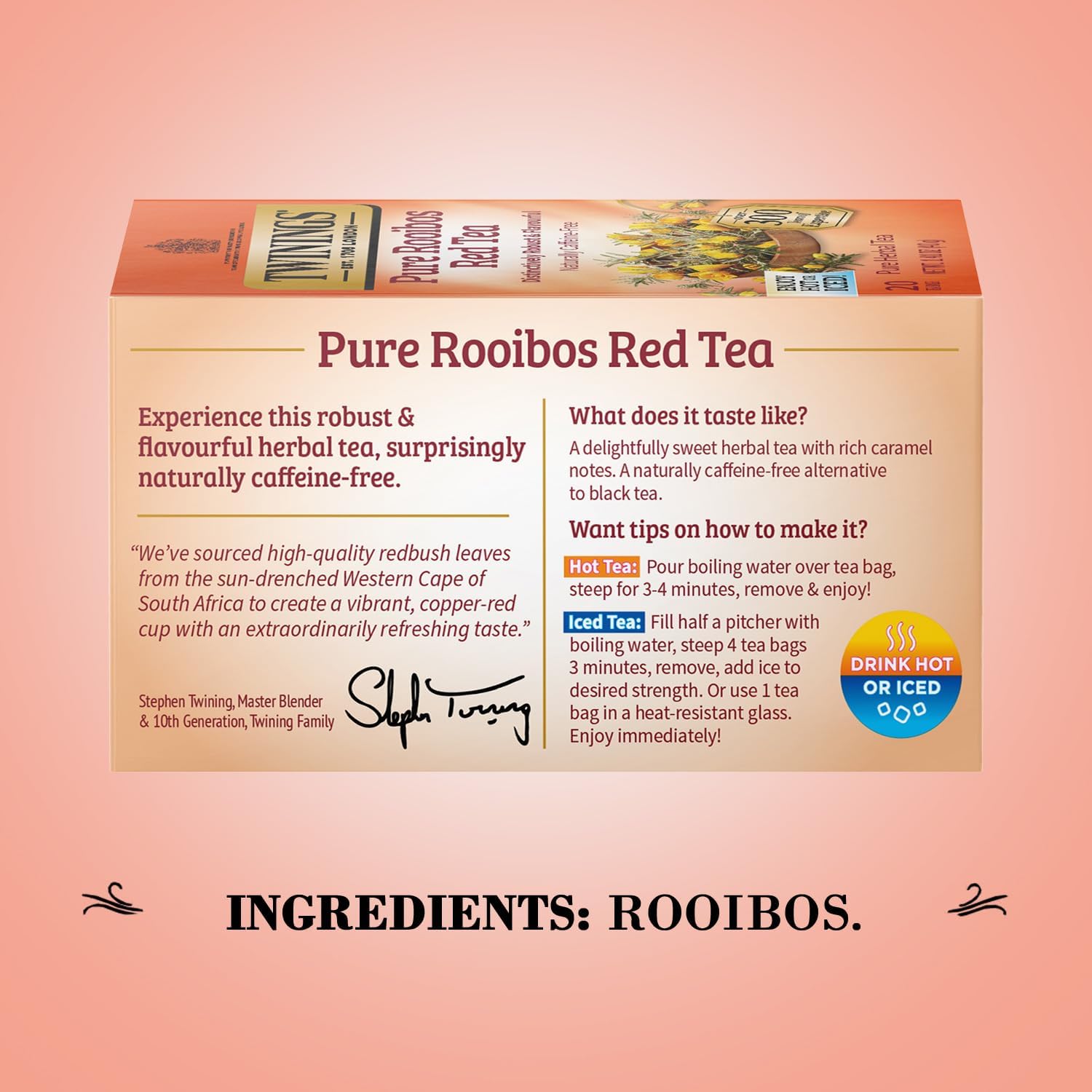 Twinings Rooibos Red Tea iced tea served over ice.