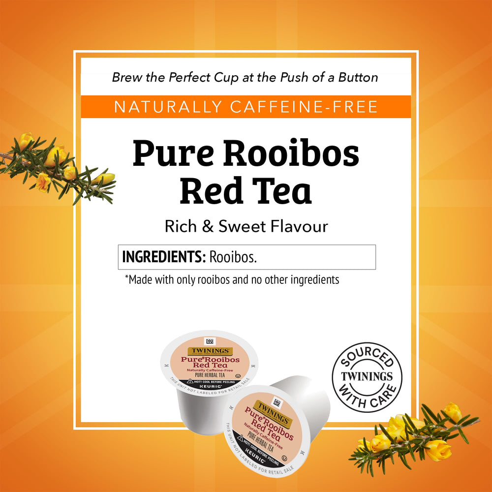 Front view of Twinings Rooibos Pods highlights natural aroma and caffeine-free enjoyment.