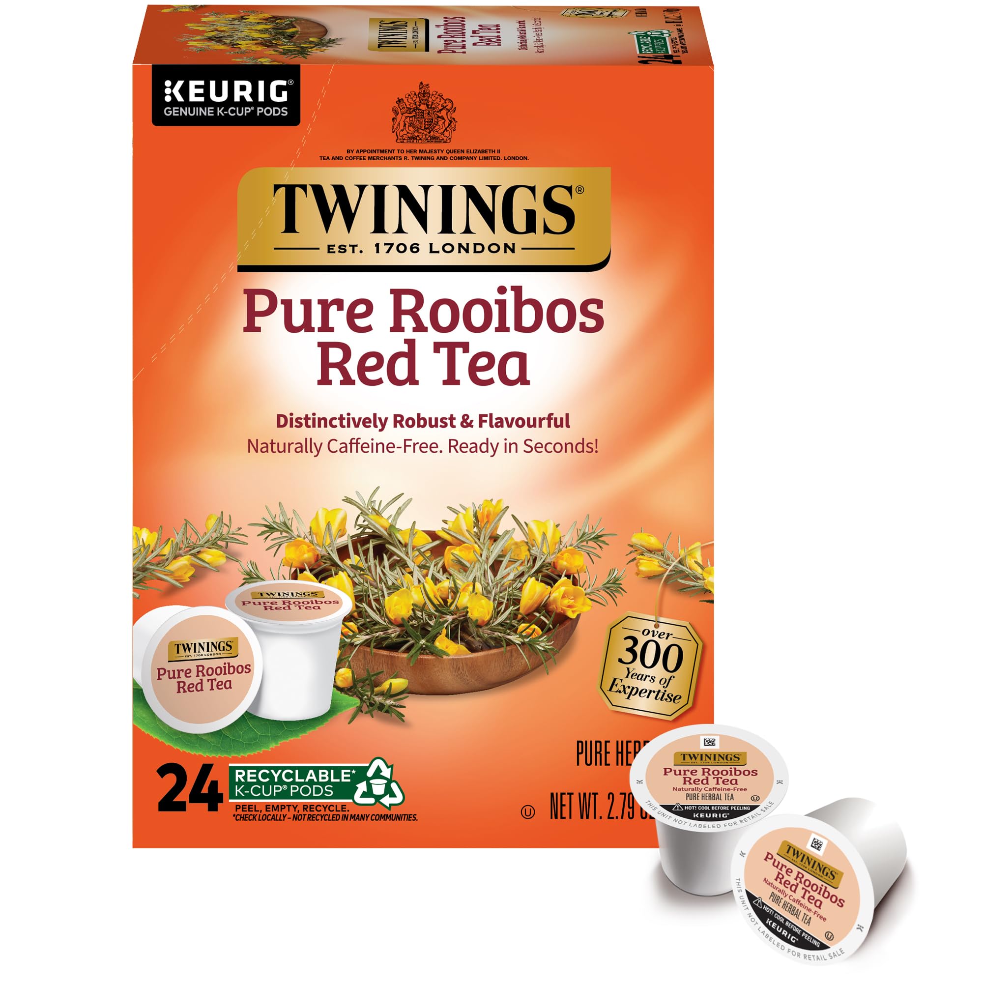 Twinings Rooibos K-Cup pods packaging shows caffeine-free herbal tea ready for quick brewing.