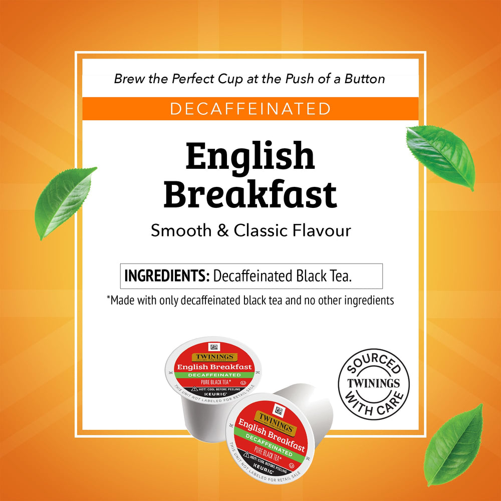 Six-box Twinings decaf English Breakfast set keeps tea ready for everyday mornings.