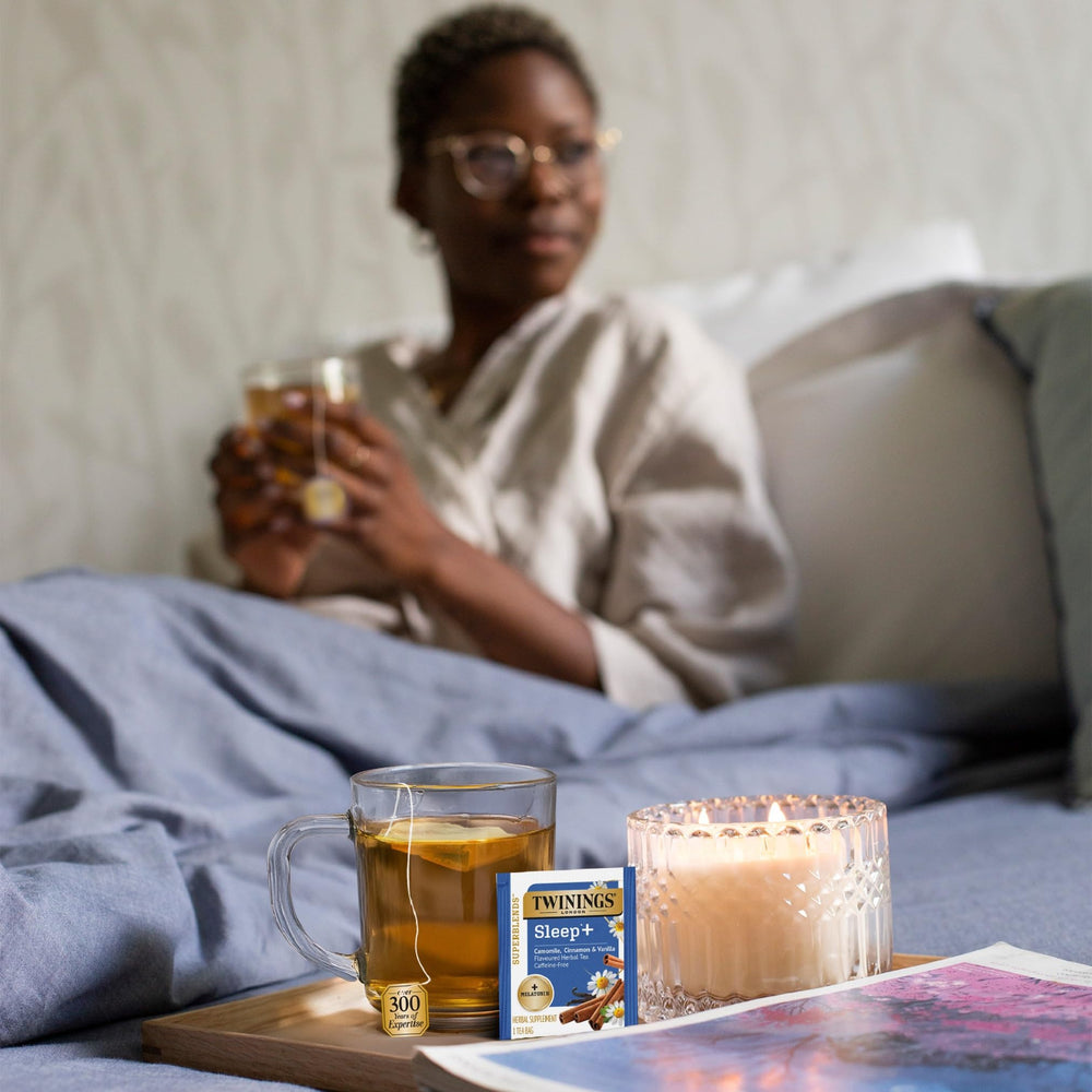 Twinings SleepPlus tea bag close-up showcasing caffeine-free evenings.
