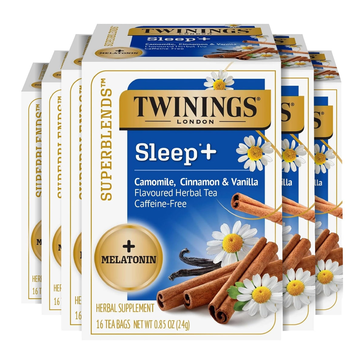 Twinings SleepPlus tea box with melatonin and chamomile for a calming evening ritual.