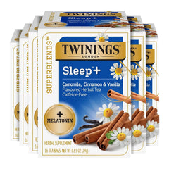Twinings SleepPlus tea box with melatonin and chamomile for a calming evening ritual.