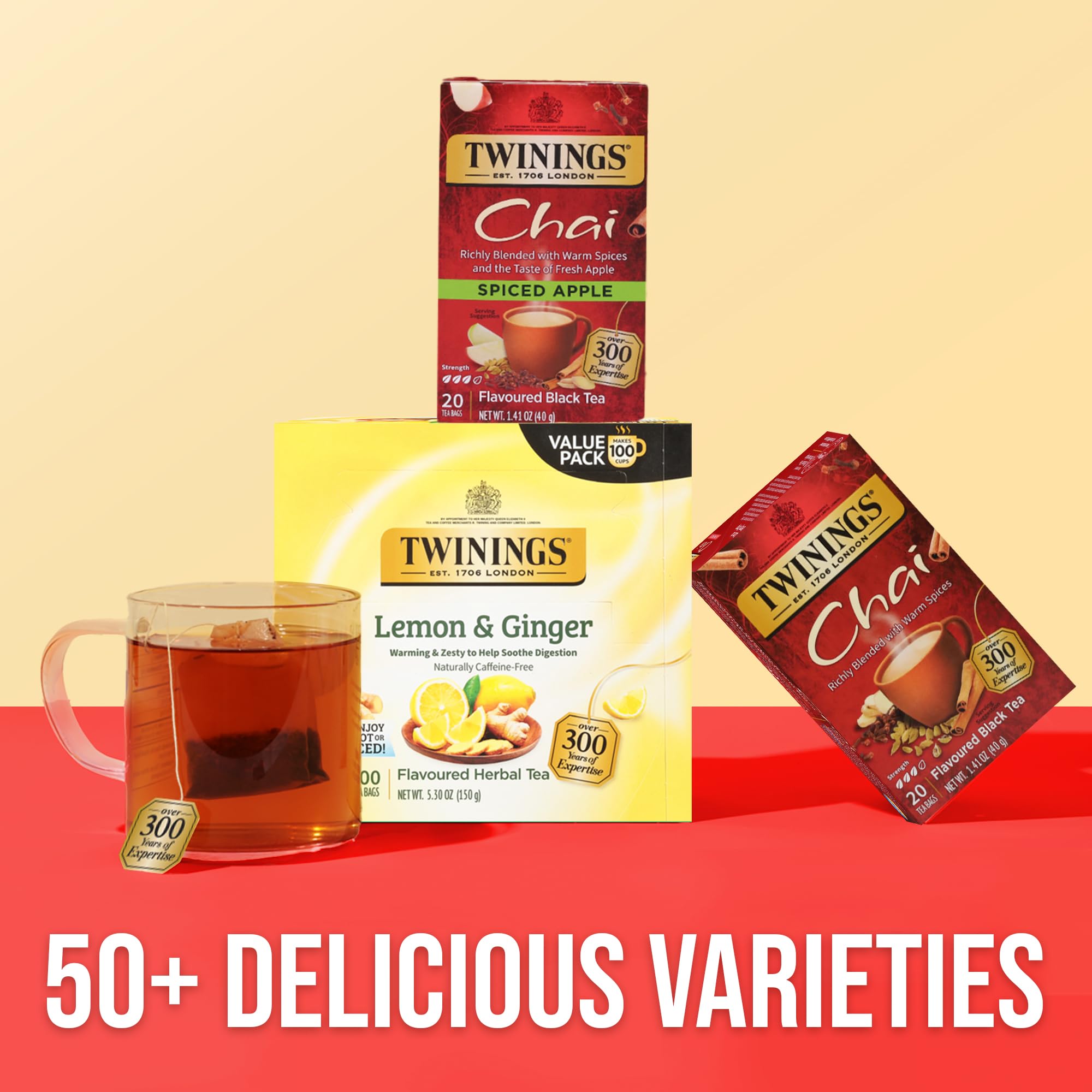 Individually wrapped Twinings Spiced Apple Chai tea bags maintain freshness.