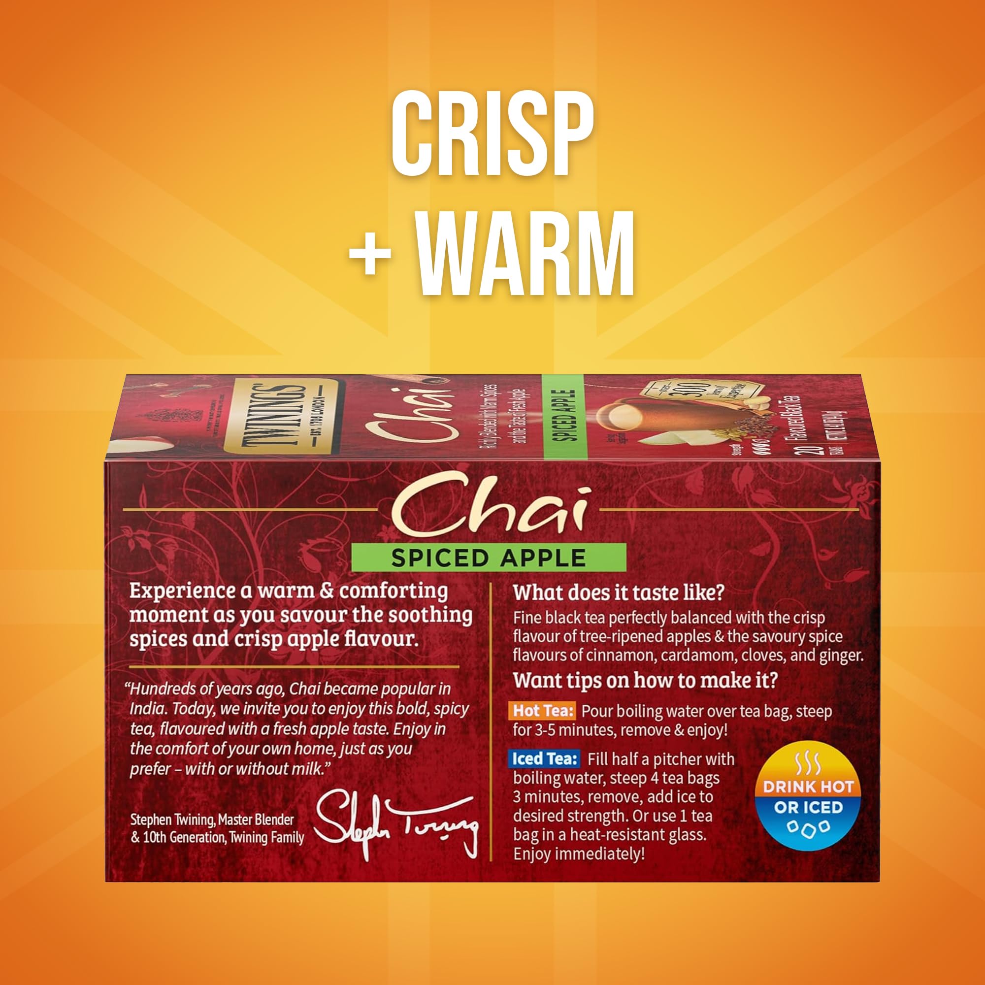 Twinings Spiced Apple Chai packaging display shows six individually wrapped packs.