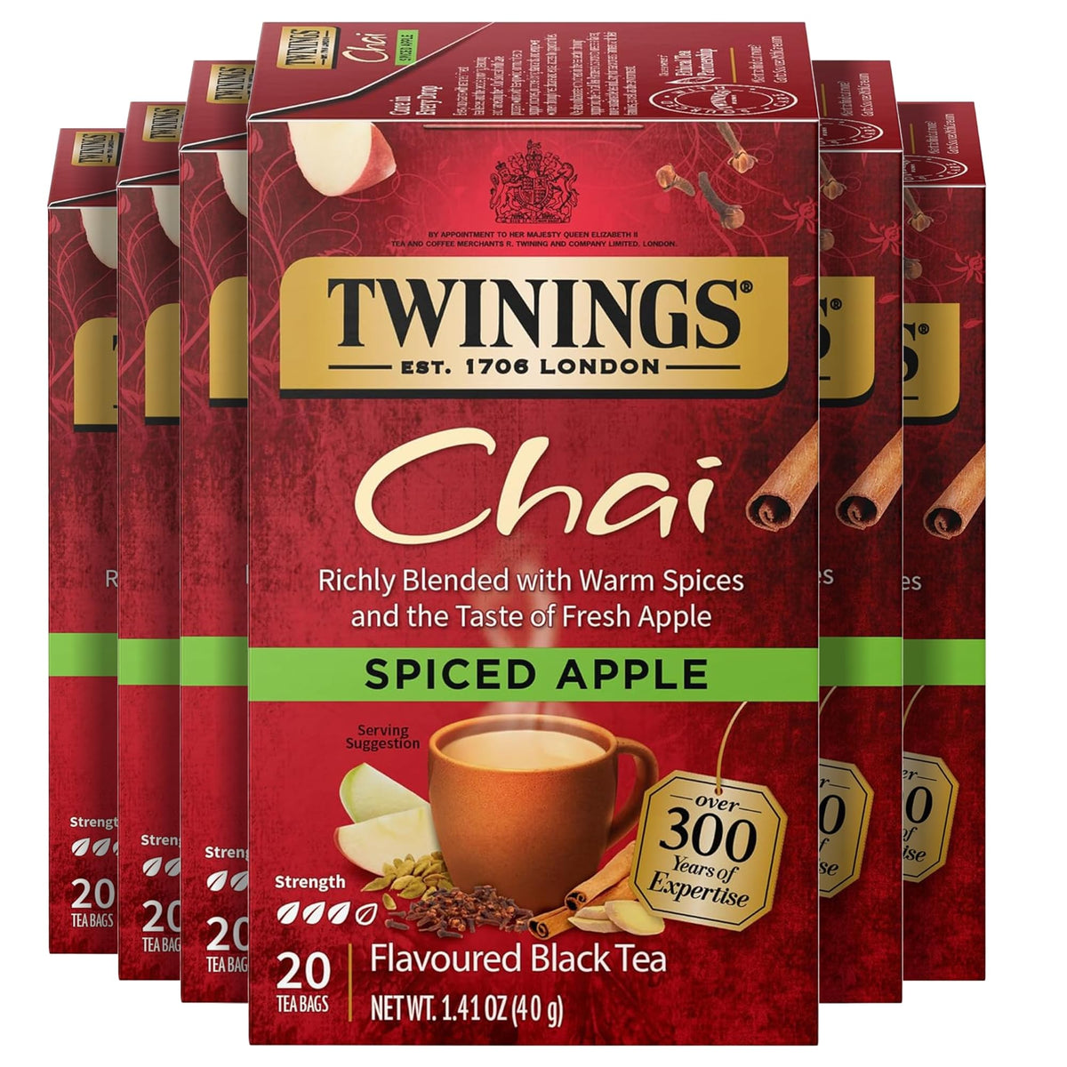 Twinings Spiced Apple Chai tea bags ready for quick, fragrant brewing.