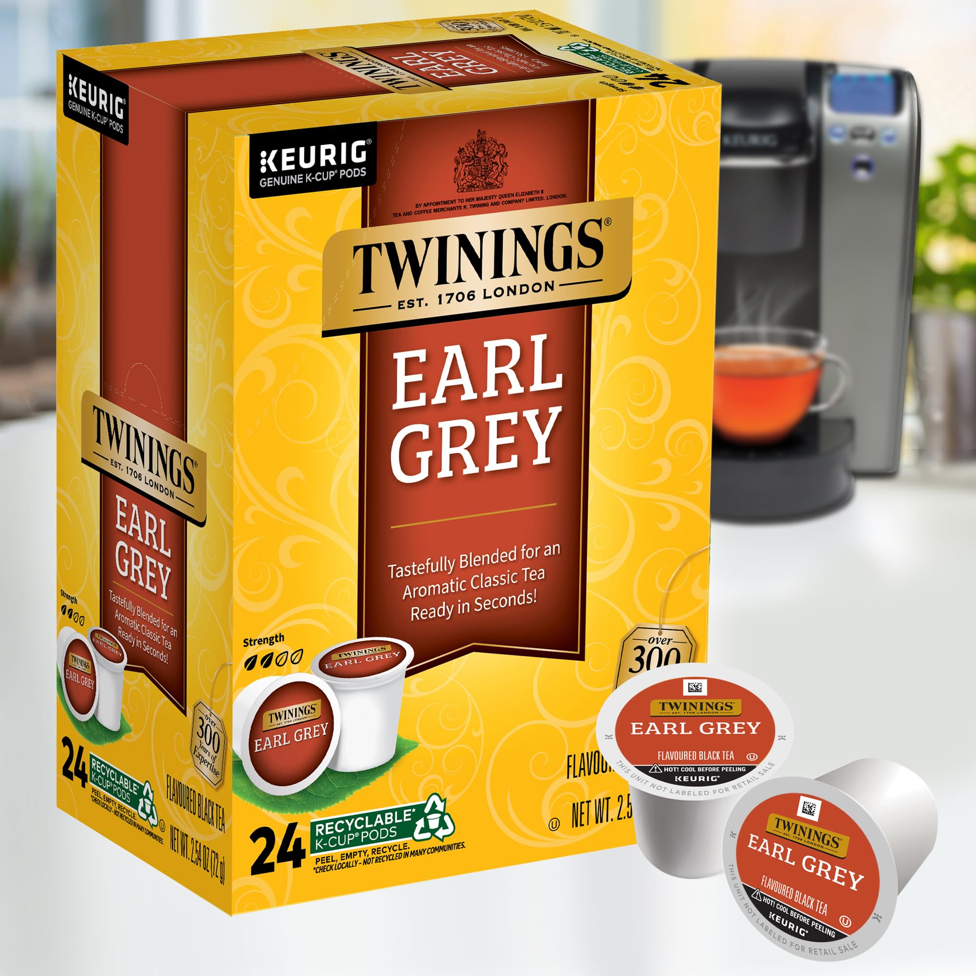 Twinings Earl Grey steaming cup showcases ready-to-use tea moment.