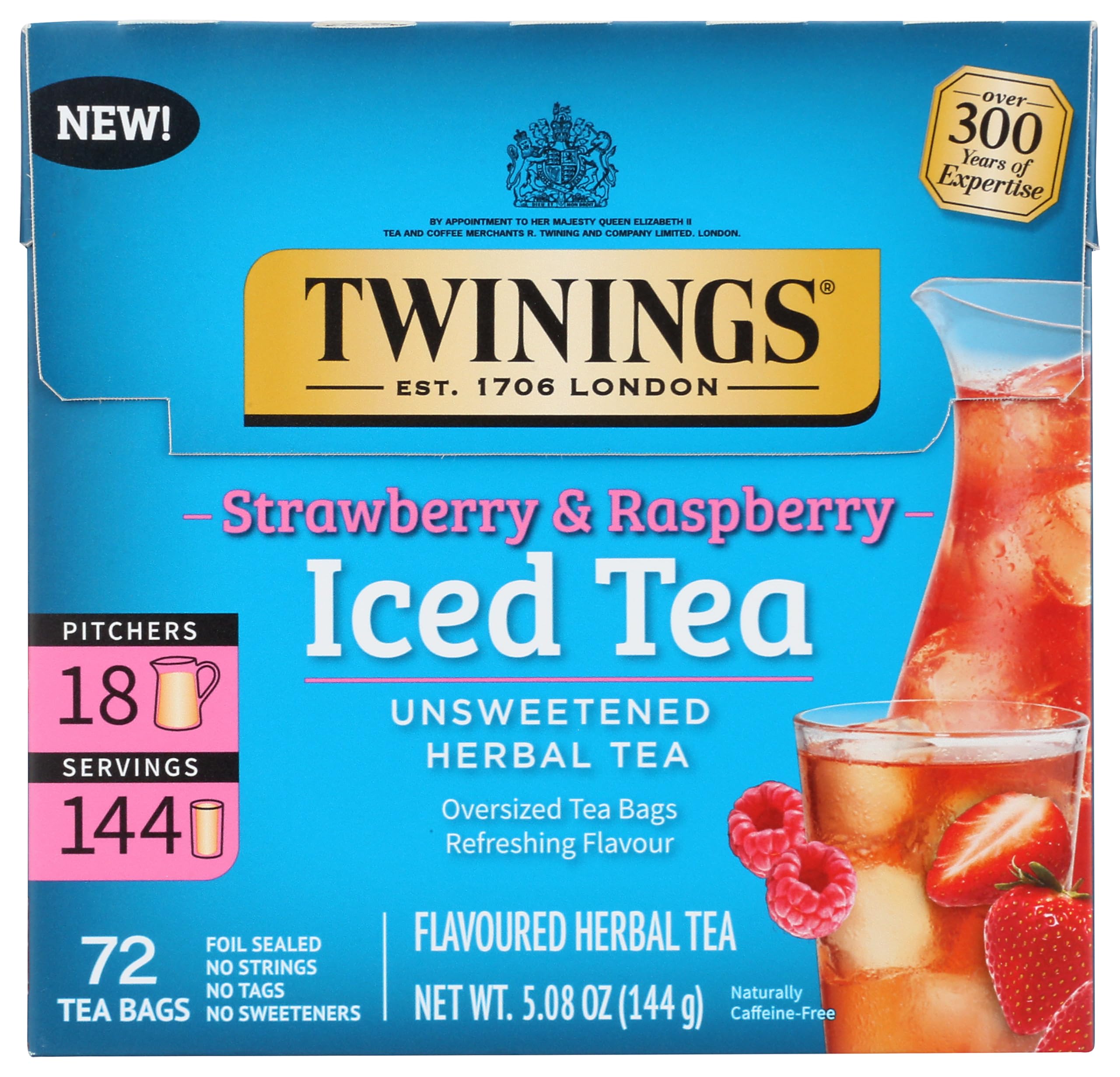 Twinings Strawberry and Raspberry Herbal Iced Tea Bags box on display for refreshing iced tea.