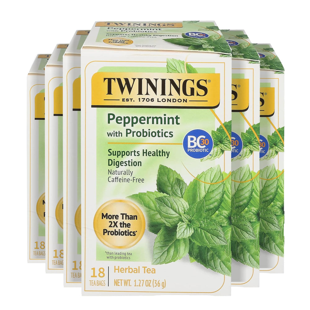 Twinings Superblends Peppermint Probiotics tea bags offer refreshing mint with probiotic support.