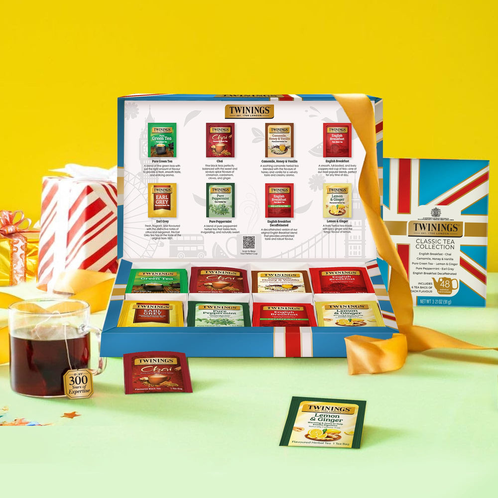 Twinings decaffeinated option in the box supports evening tea without caffeine.