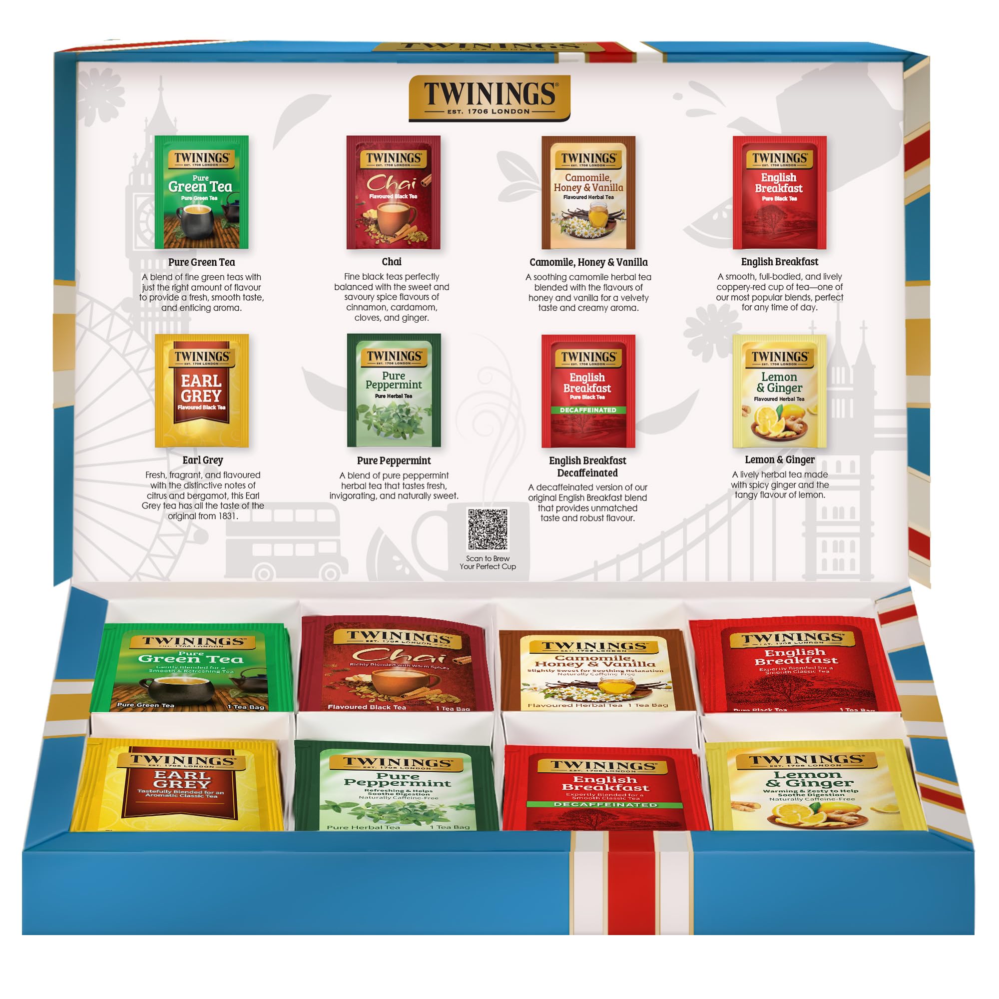 Twinings Tea Classics Gift Box front shows a 48-bag assortment for variety.