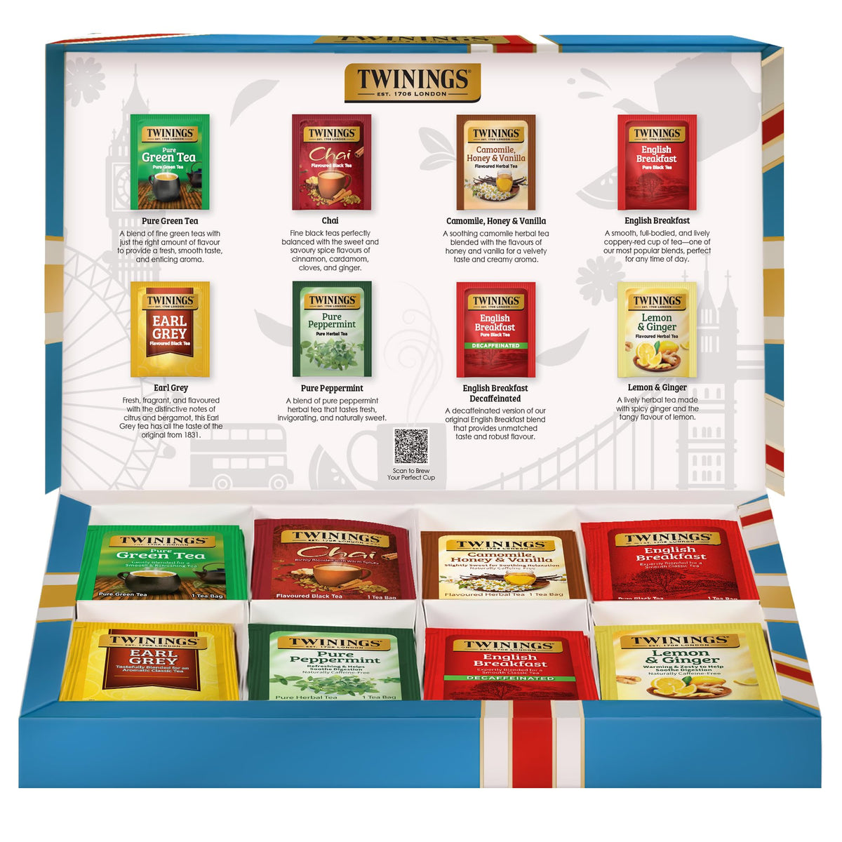 Twinings Tea Classics Gift Box front shows a 48-bag assortment for variety.