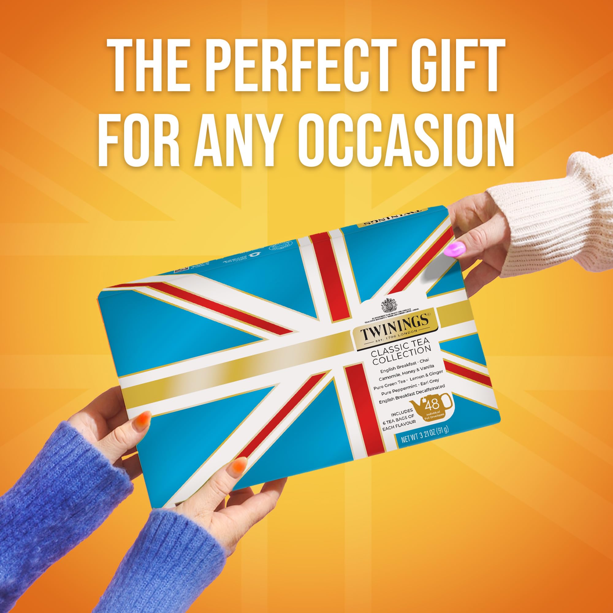 Twinings packaging seal keeps tea bags fresh for travel, desk, or gym bag.