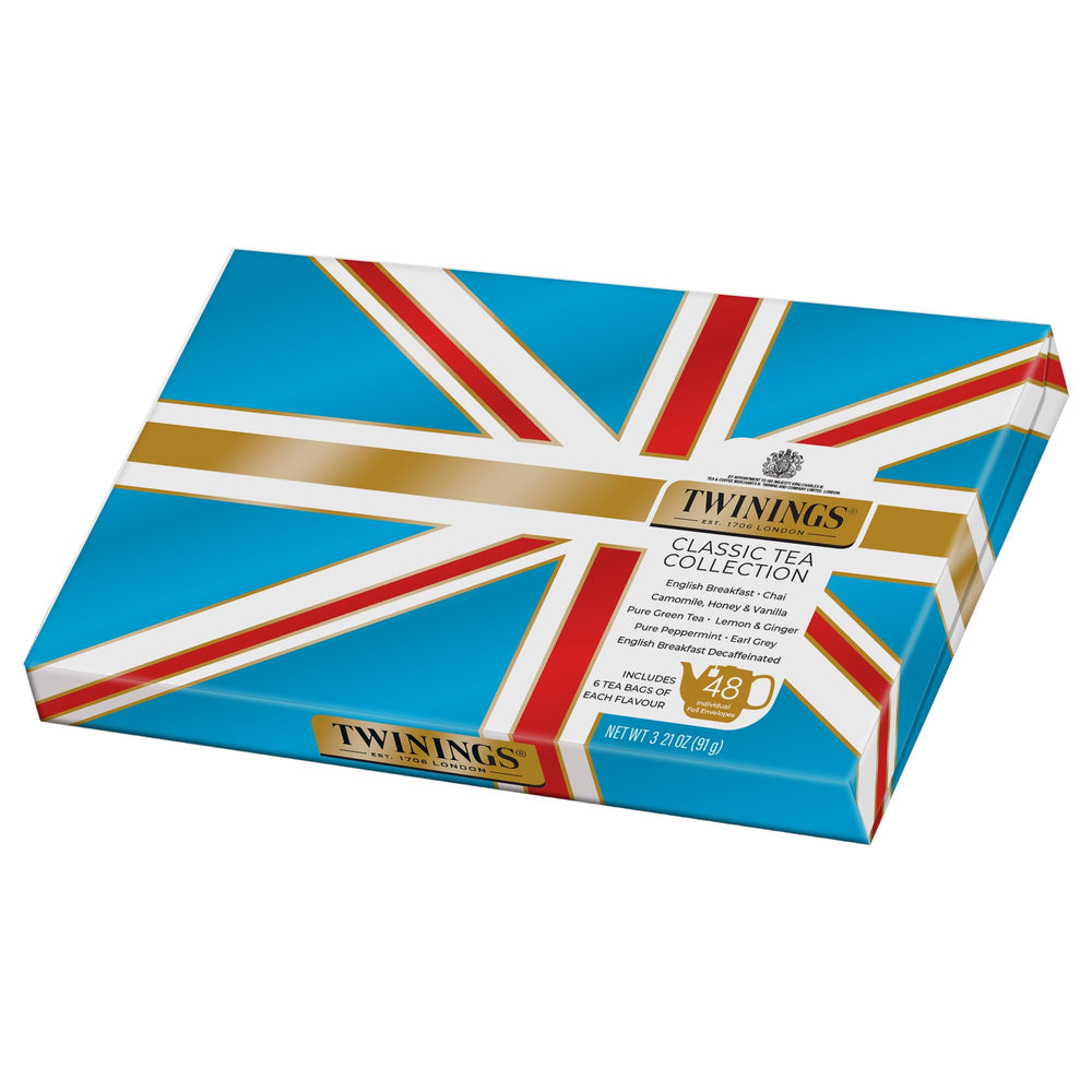 Twinings variety collection emphasizes bold black, soothing herbal, and green options.