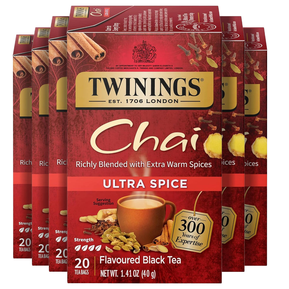 Twinings Ultra Spice Chai tea bags in sealed packaging preserve freshness.
