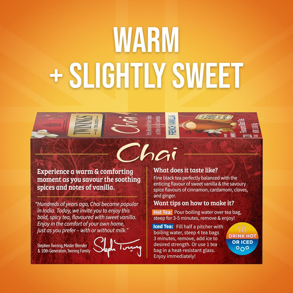 Steaming cup of Twinings French Vanilla Chai shows rich spice notes
