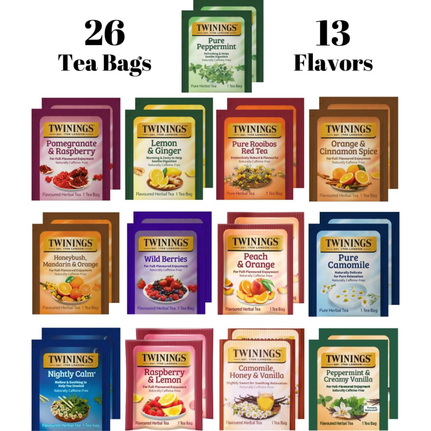 Twinings variety pack contents opened to reveal 13 herbal flavors for tasting