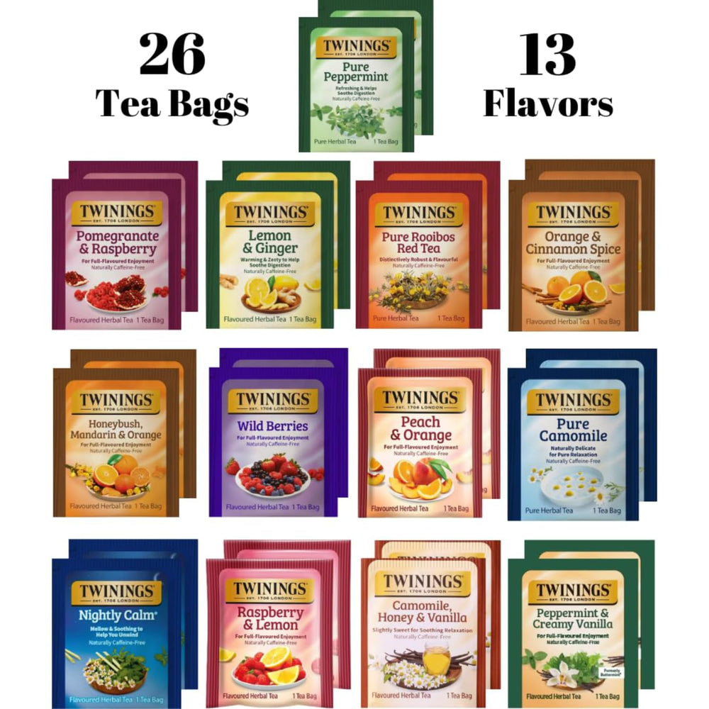 Twinings variety pack contents opened to reveal 13 herbal flavors for tasting