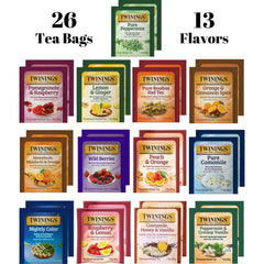 Twinings variety pack contents opened to reveal 13 herbal flavors for tasting