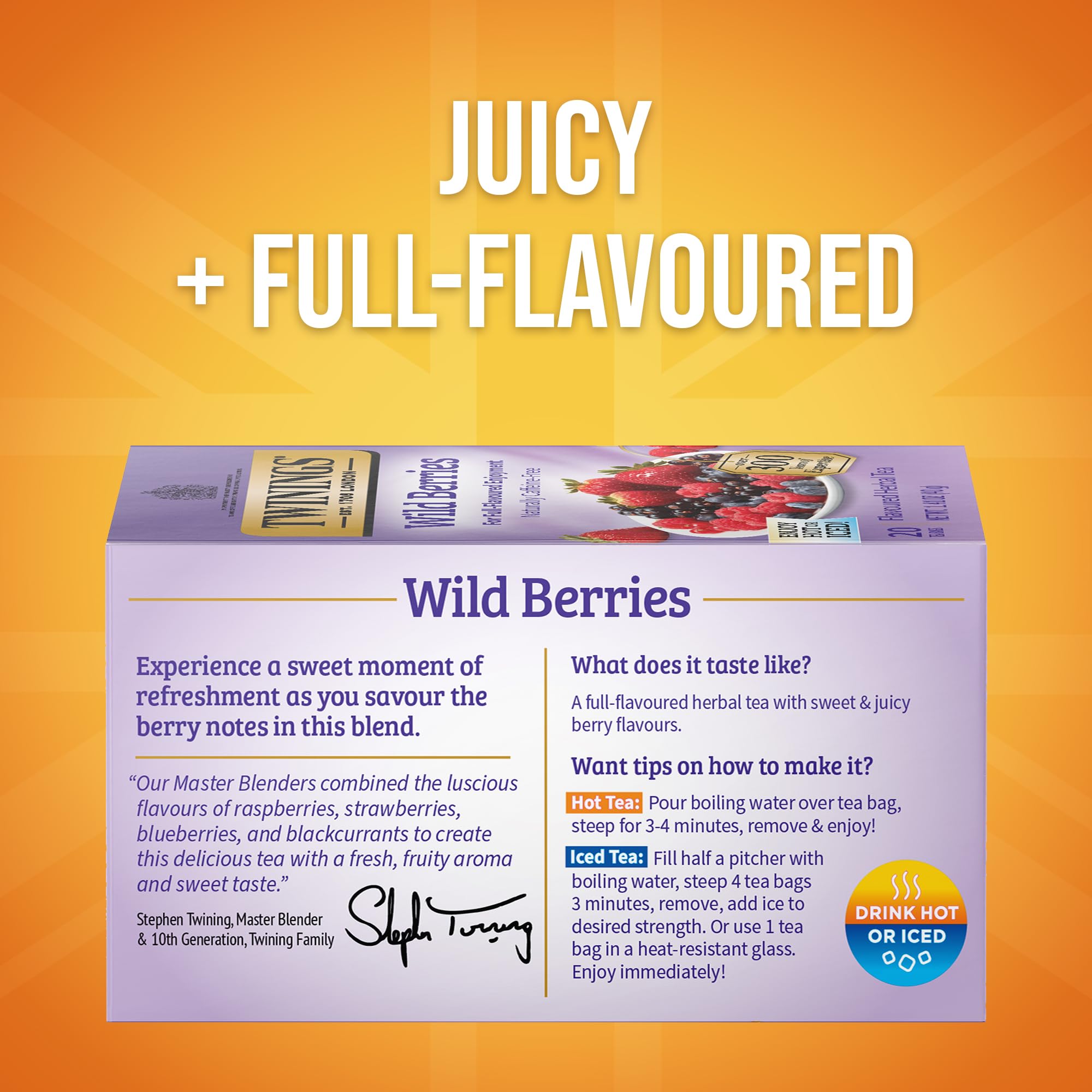Twinings Wild Berries Herbal Tea cup steeping with bright aroma and fruity notes
