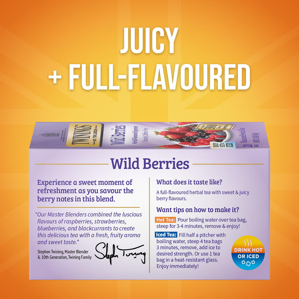 Twinings Wild Berries Herbal Tea cup steeping with bright aroma and fruity notes