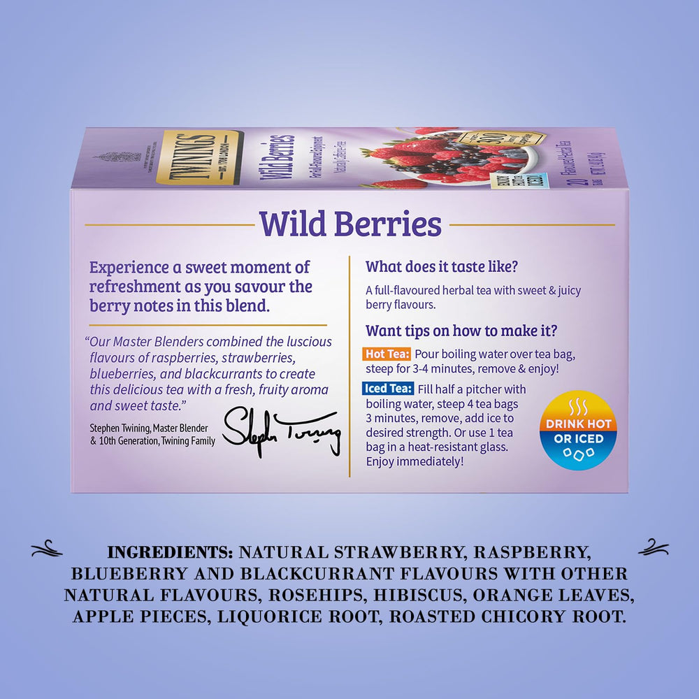 Twinings Wild Berries iced tea: brew, chill, and pour over ice for a refreshing berry sip.