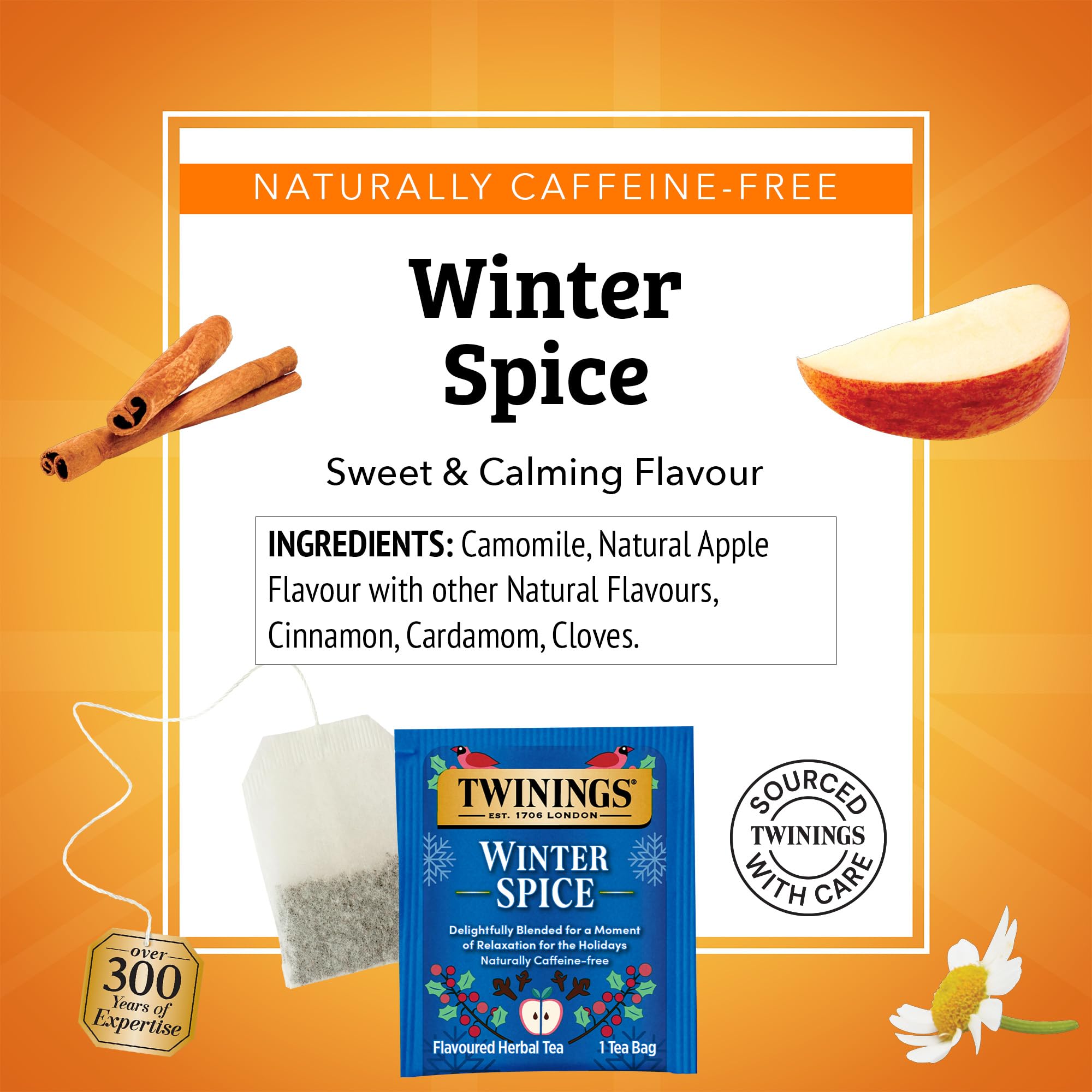 Twinings Winter Spice features cinnamon, cardamom, and clove for cozy flavor.